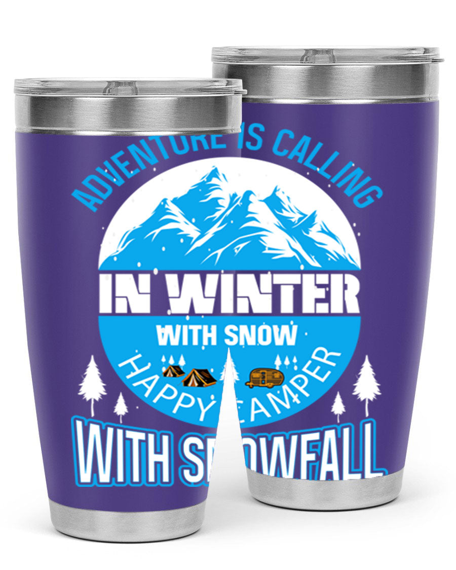 Camping Winter 39# Tumbler in stainless steel with a drink-thru lid, showcasing its sleek design and double wall insulation.